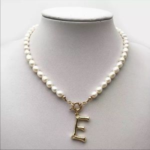 E initial Pearl gold bamboo necklace